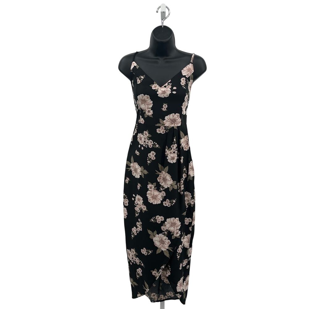 CMZ2005 Maxi Dress Womens S Black Floral Sleeveless V-Neck Front Slit Sundress